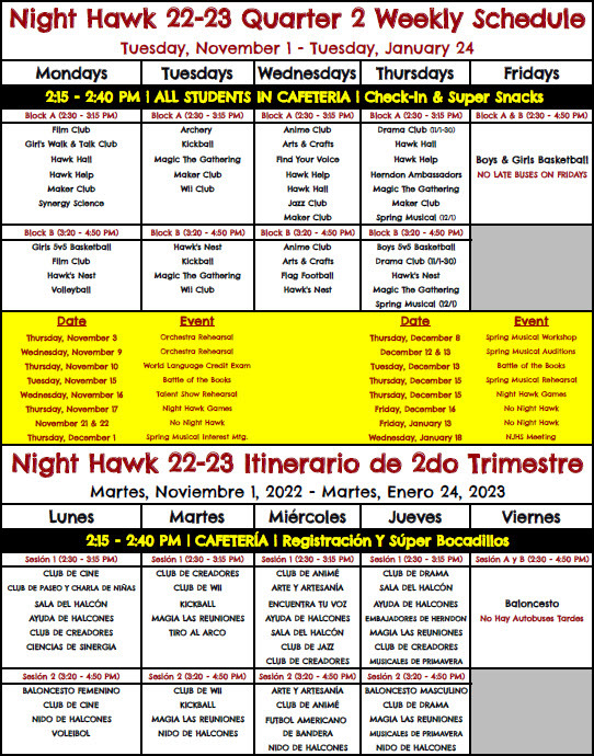 Night Hawk Quarter 2 Schedule