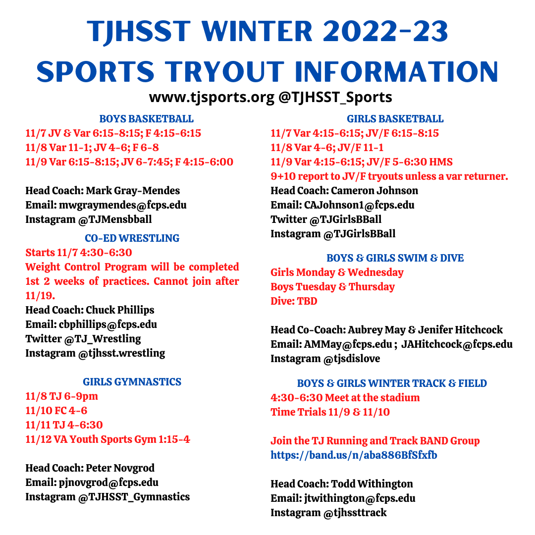 Tryout Dates and contact information for Winter Sports - this information is also available at www.tjsports.org 