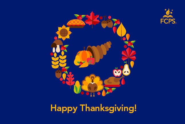 A dark blue background with the words Happy Thanksgiving and a circle of Turkeys and fall vegetables and shrubbery.