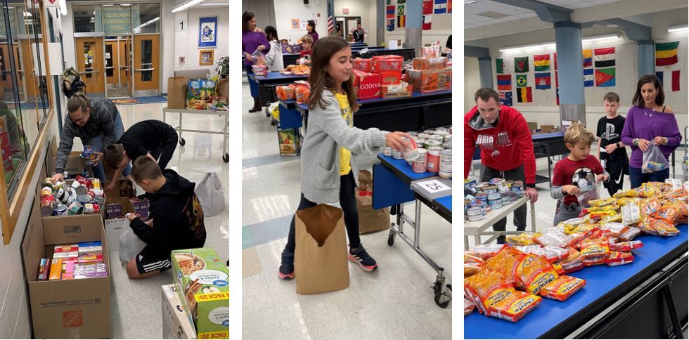 students and parents sorting and packing food donations
