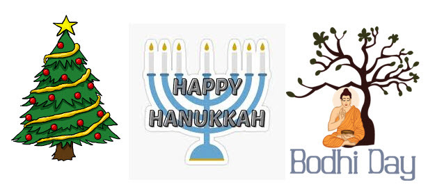 December Holiday images: Christmas, Bodhi Day, Hanukkah