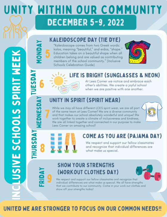 We will have a spirit week in recognition of Inclusive Schools Week