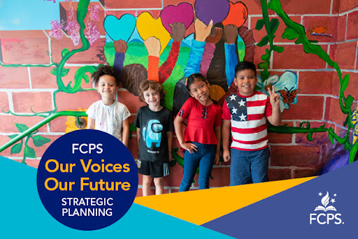 Young students standing in front of a brick mural. Logo says, "FCPS Our Voices, Our Future. Strategic Planning" 
