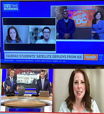 A pair of photos of TJ staff and students talking to media
