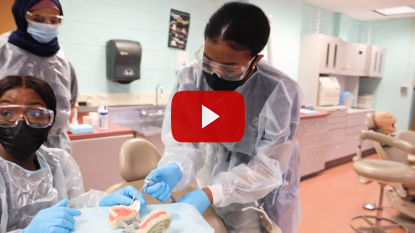 A dental student practices cleaning on false teeth