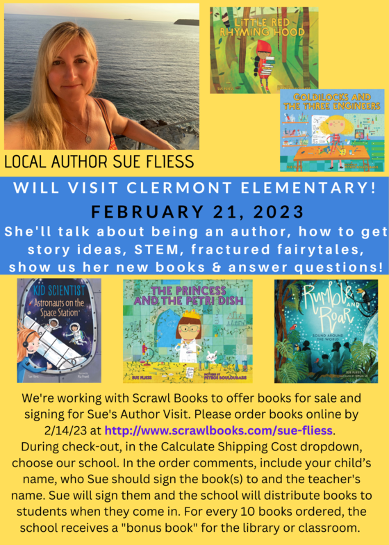 Digital Flier for Sue Fleiss author visit. 