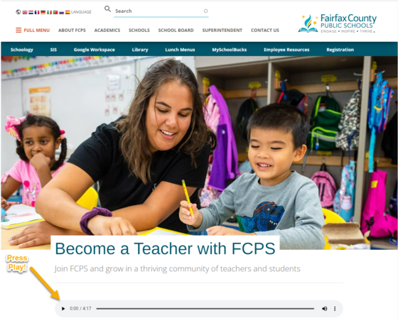 An image of the FCPS website with an arrow highlighting the text-to-speech feature.