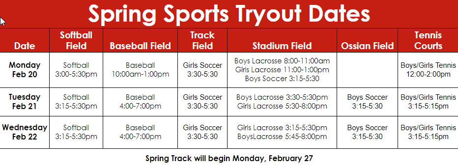 Spring Sports Tryout Dates