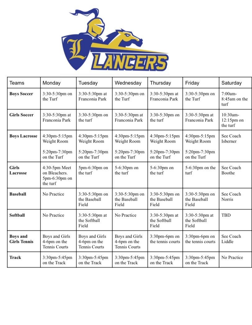 Spring Sports Tryout Schedule-Week of February 20th