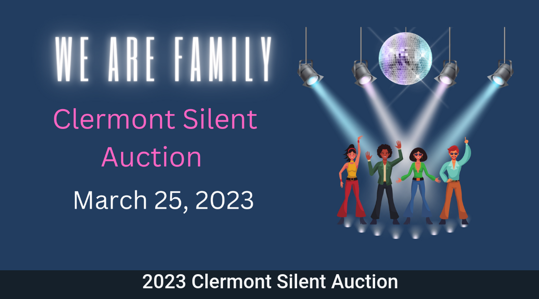 A blue background with the words "We are Family" and cartoon images of people in 70s style clothes. 