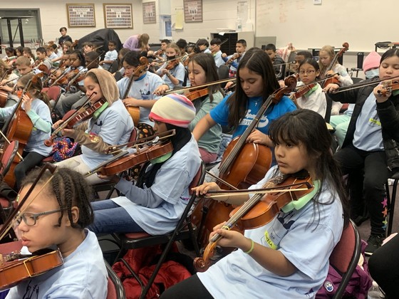 A large group of students playing stringed instruments