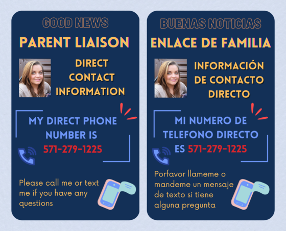 Our parent liaison now has a cell phone. Here is her number so you can call or text her.