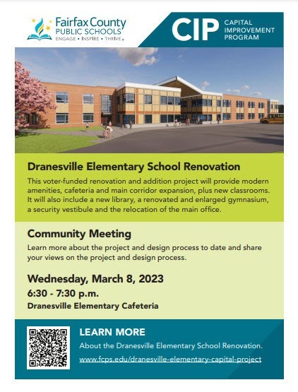 Flyer on Dranesville ES Renovation Community meeting information