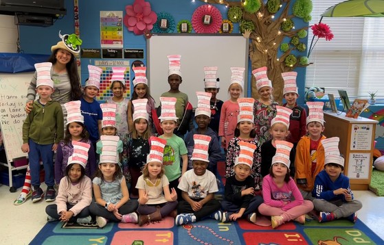 Kindergarteners wearing Cat in the Hat hats