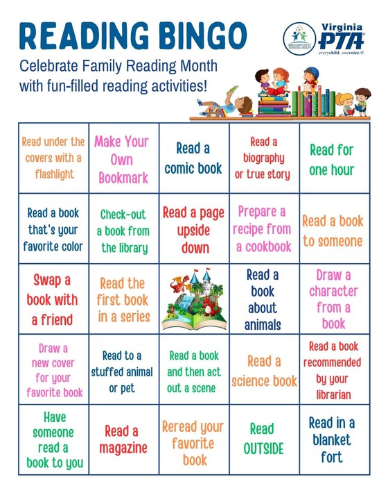 Virginia PTA National Reading Month Bingo Board