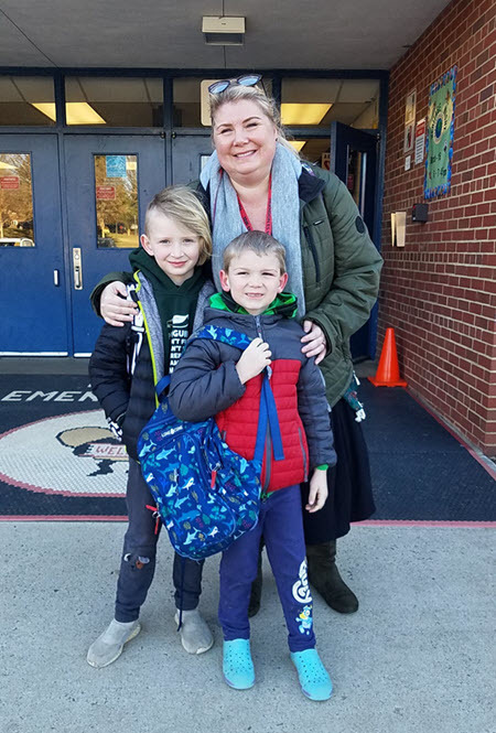 mother and two kids who walked to school
