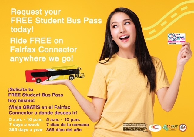 Poster promoting Fairfax Connectors free student bus pass program