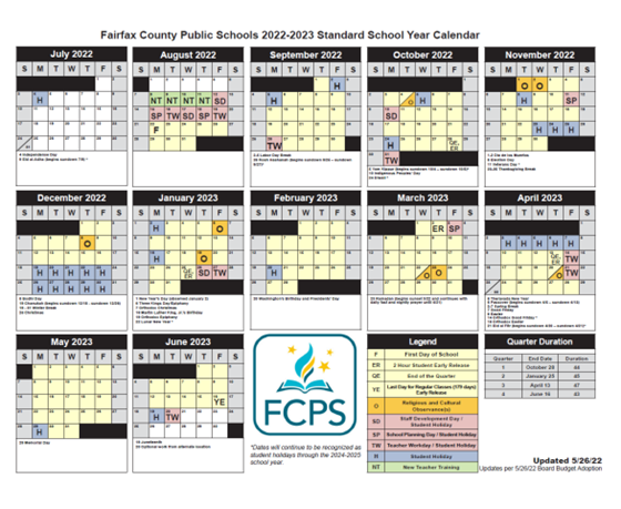 screenshot of FCPS 22-23 school year calendar
