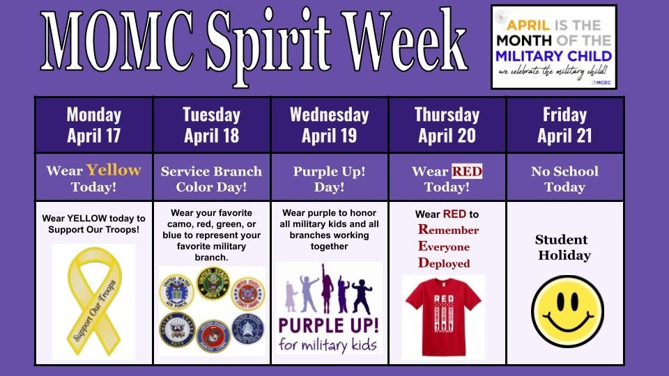 themes for Month of Military Child spirit week April 17 - 20