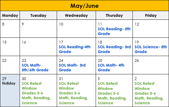 Spring 2023 Standards of Learning Schedule for Mason Crest ES