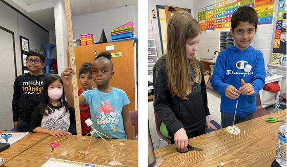 Students building marshmallow-spaghetti towers in STEAM