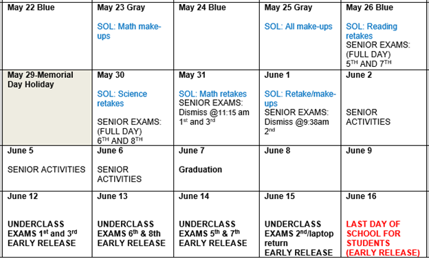 May Testing Calendar