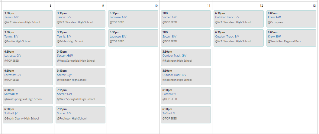 Spartan Sports Calendar, Week of 8-13 May