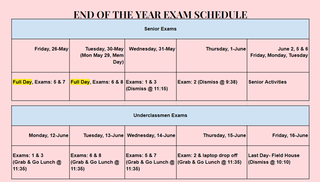 EOY Exam Schedule