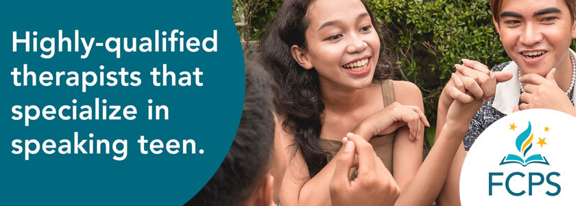 graphic saying "highly qualified therapists who specialize in speaking teen" with a photo of students
