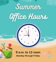 summer office hours 9 to noon, displayed on a beach theme background