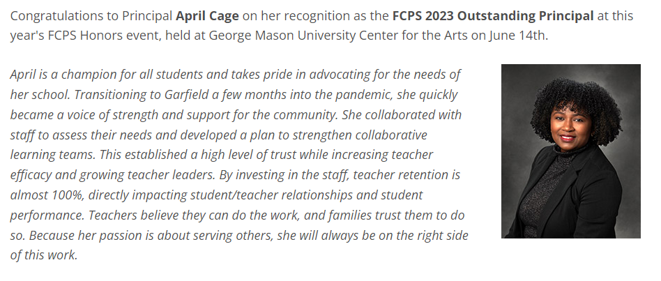 Principal Cage FCPS Honors 