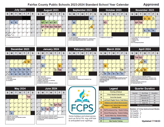 Fairfax County Public Schools 2023-2024 Standard School Year Calendar