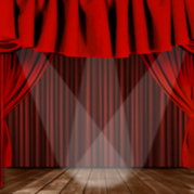 clipart of a wooden stage with red curtains and a spotlight