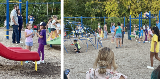 Students and parents enjoying popsicles and conversation on the playground