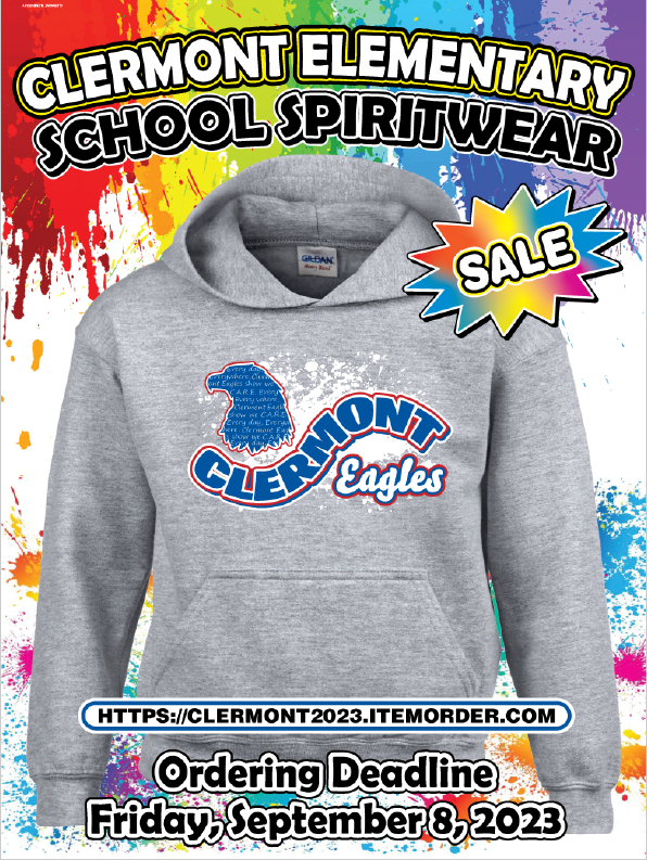 An image with a Clermont Elementary grey hoodie on a tie-dyed background advertises the Clermont Spiritwear Sale. 