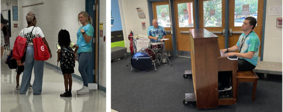 family at Open House and music teachers playing piano and drums