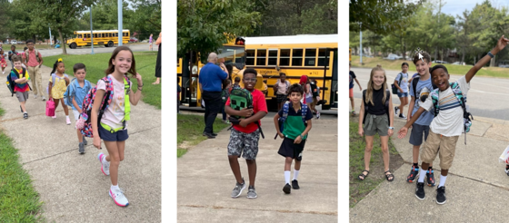 Happy students arriving at school on the first day