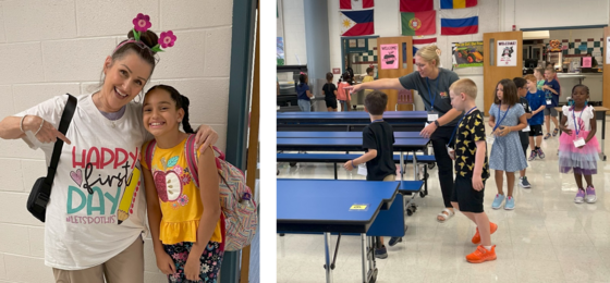 teacher greeting student on the first day and teacher giving 1st graders a tour of the cafeteria