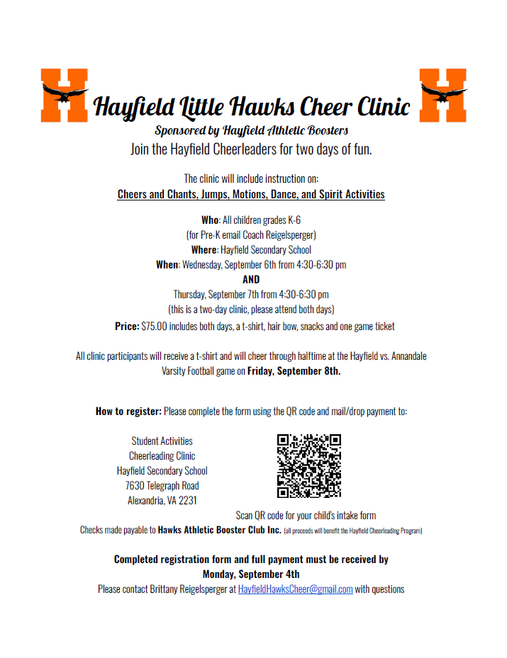 Little Hawks Cheerleading Clinic at Hayfield September 6th and 7th