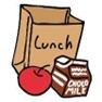A drawing of a school lunch bag with an apple and chocolate milk