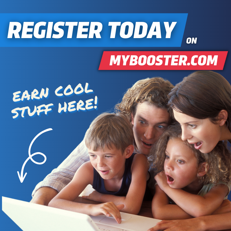 An image with a parent and child says "Register today on mybooster.com!" 