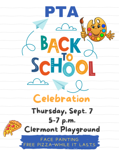 An image advertises the PTA Back to School Celebration.