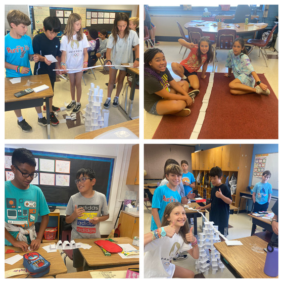6th grade students using communication and collaboration skill to build structures with index cards