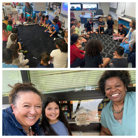 1st and 3rd graders engaging in morning meeting, and admin team with student hanging new bird feeders