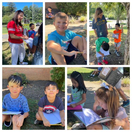 2nd graders identify and record living and non living things outside