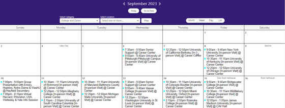 September Career Center Calendar