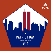 9/11 Patriot Day Logo.  It's red, white and blue and includes a pentagon shape around New York's twin towers.
