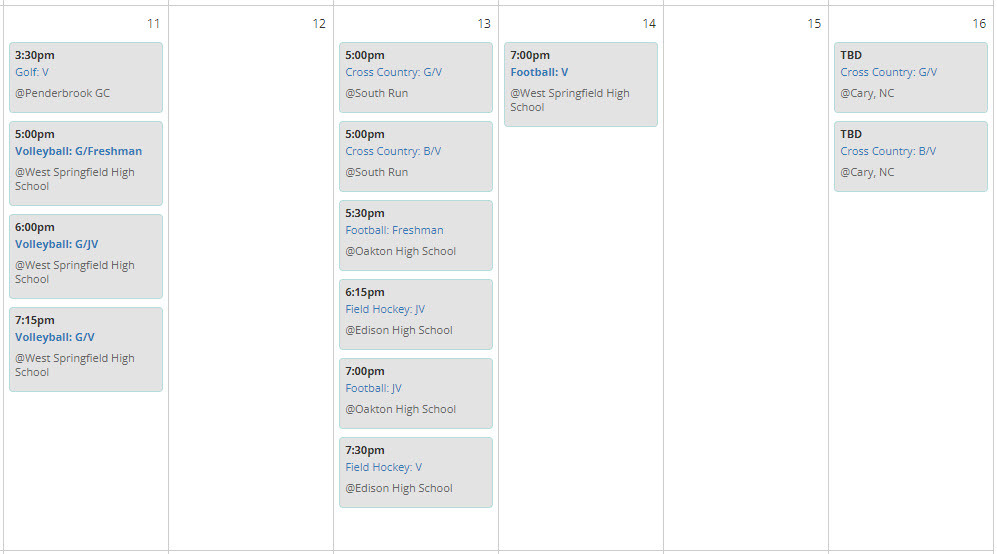 Spartan Sports Calendar, Week of 1 1 - 16 Sep