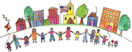 clip art of people holding hands in front of row of houses