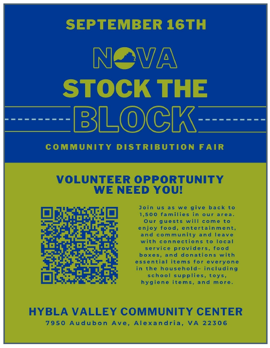 Flyer for volunteer opportunity - Stock the Block on Sept 16 - 2023